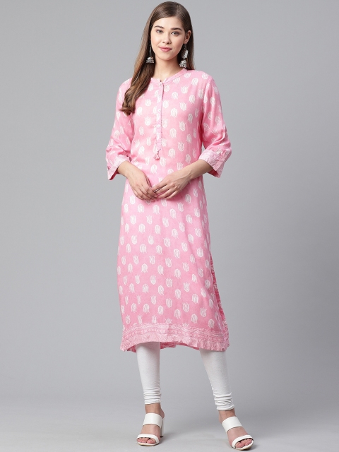 

Rangriti Women Pink & White Printed Straight Kurta