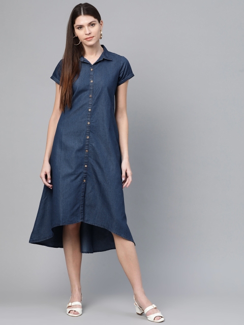 

Rangriti Women Navy Blue Solid Denim Shirt Dress