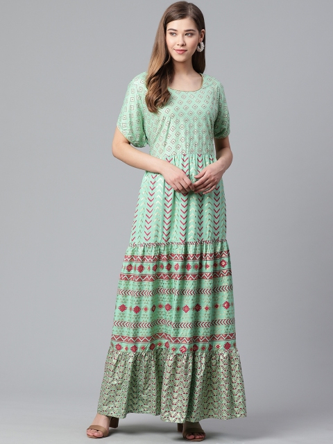 

Rangriti Women Green & Pink Printed Tiered Maxi Dress