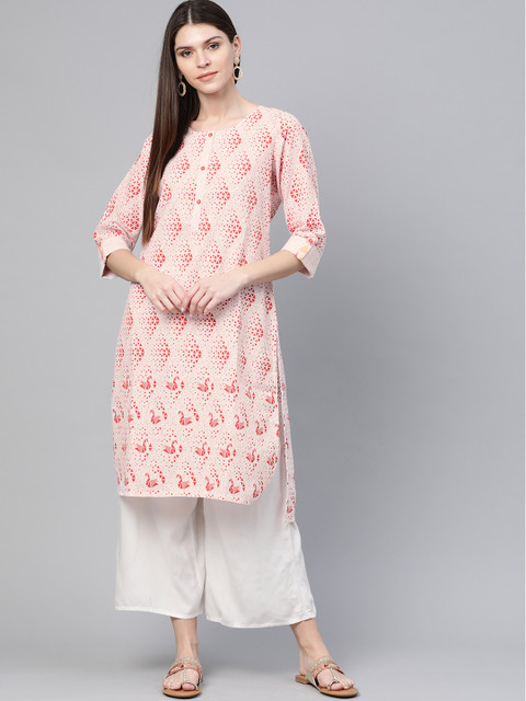 

Rangriti Women Red & White Geometric Print High-Low Straight Kurta