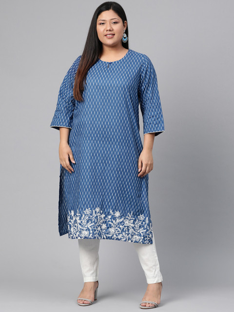

Rangriti Women Navy Blue & White Printed Straight Kurta