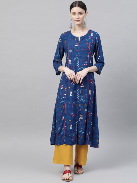 

Rangriti Women Blue & Pink Checked A-Line Kurta