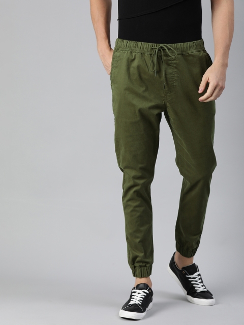 Men Olive Green Regular Fit Solid Joggers