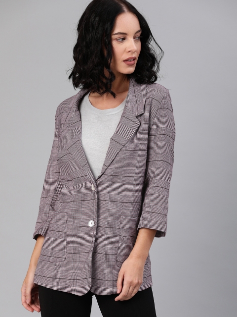 

ONLY Women Burgundy & Off-White Checked Regular Fit Single-Breasted Casual Blazer
