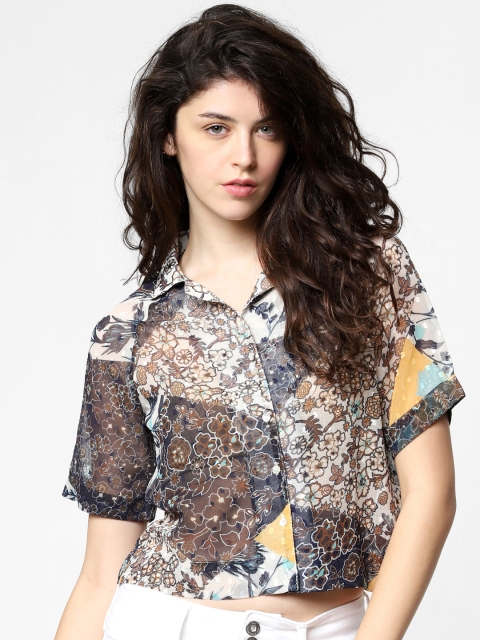 

ONLY Women Beige & Navy Blue Regular Fit Printed Casual Shirt