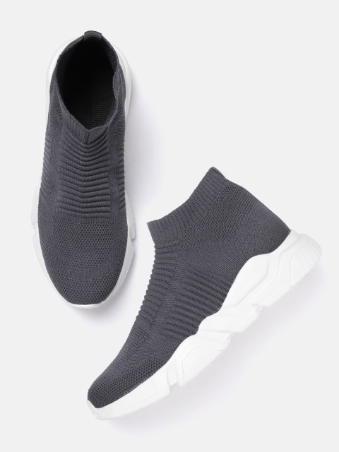 

Roadster Men Charcoal Grey Woven Design Mid-Top Slip-On Sneakers