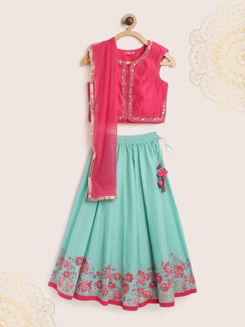 

Biba Girls Sea Green & Pink Floral Print Ready to Wear Lehenga, Blouse & Dupatta