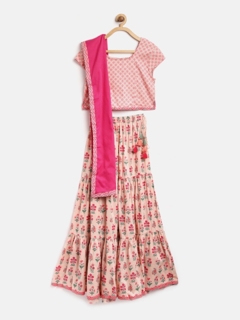 

Biba Girls Peach-Coloured & Pink Floral Print Ready to Wear Lehenga & Blouse with Dupatta