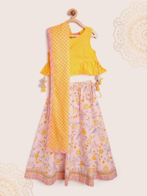 

Biba Girls Pink & Yellow Printed Ready to Wear Lehenga & Embroidered Blouse with Dupatta