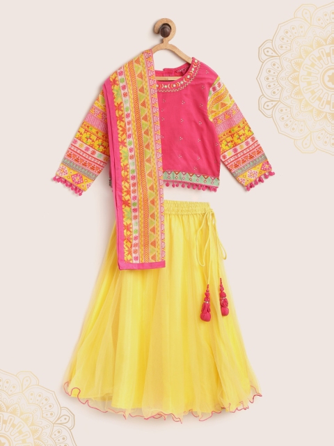 

Biba Girls Yellow & Pink Ready to Wear Solid Lehenga & Embellished Blouse With Dupatta