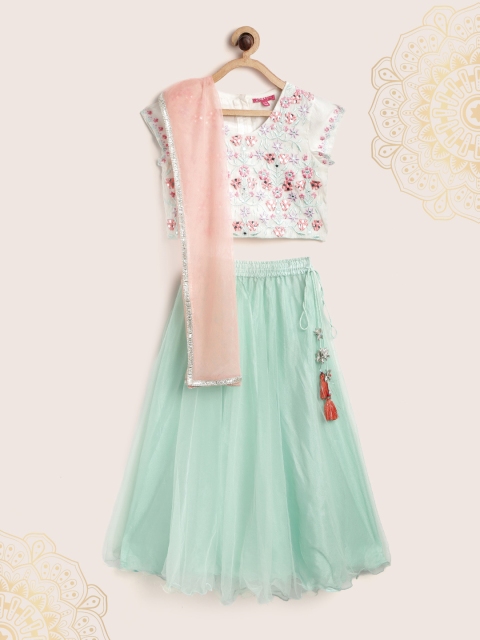 

Biba Girls Sea Green & White Embroidered Mirror Work Ready to Wear Lehenga & Blouse With Dupatta