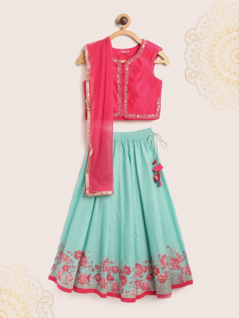 

Biba Girls Sea Green & Pink Floral Print Ready to Wear Lehenga, Blouse & Dupatta