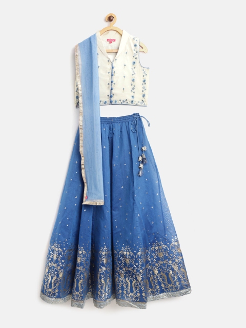 

Biba Girls Blue & Off-White Embroidered Ready to Wear Lehenga & Blouse with Dupatta