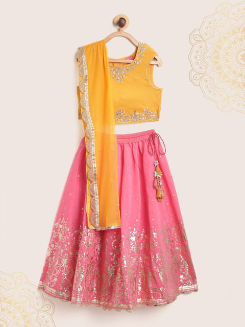 

Biba Girls Yellow & Pink Printed Ready to Wear Lehenga & Embellished Blouse & Dupatta
