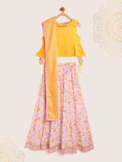 

Biba Girls Pink & Yellow Printed Ready to Wear Lehenga & Embroidered Blouse with Dupatta