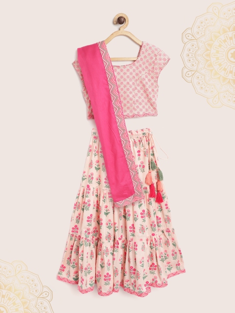 

Biba Girls Pink & Green Cotton Floral Printed Ready to Wear Lehenga & Blouse with Dupatta
