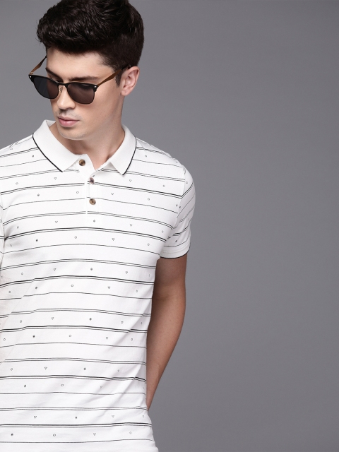 

WROGN Men White Black Slim Fit Striped Polo Collar Pure Cotton T-shirt