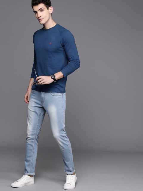 

WROGN Men Navy Blue Slim Fit Solid Round Neck Pure Cotton T-shirt