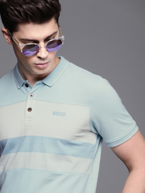 

WROGN Men Blue & Off-White Colourblocked Polo Collar T-shirt