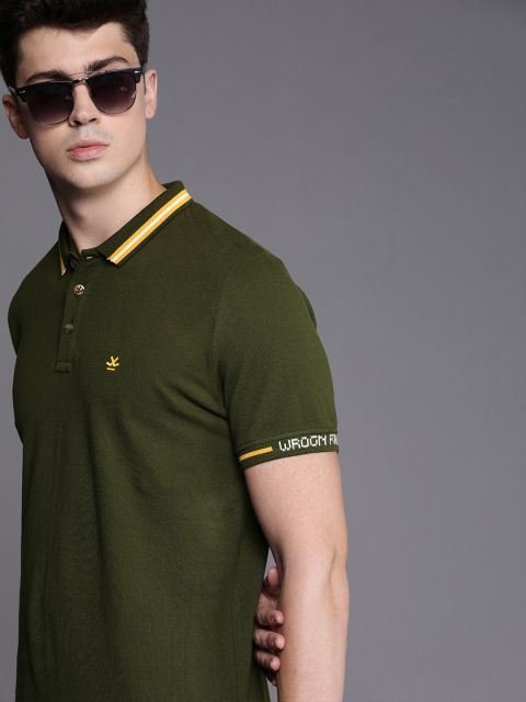 

WROGN Men Olive Green Solid Slim Fit Polo Collar Pure Cotton T-shirt