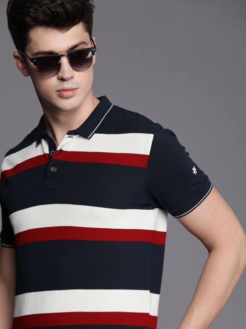 

WROGN Men Navy Blue White Slim Fit Striped Polo Collar Pure Cotton T-shirt