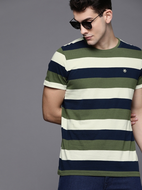 

WROGN Men Olive Green & White Striped Slim Fit Round Neck T-shirt