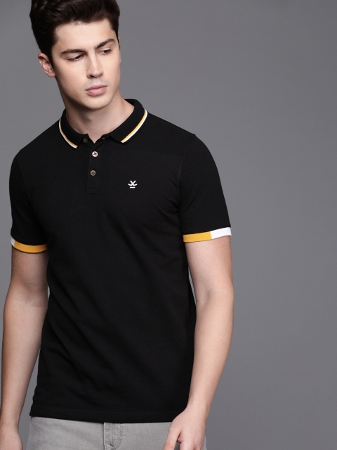 Men Black Solid Polo Collar Pure Cotton T-shirt