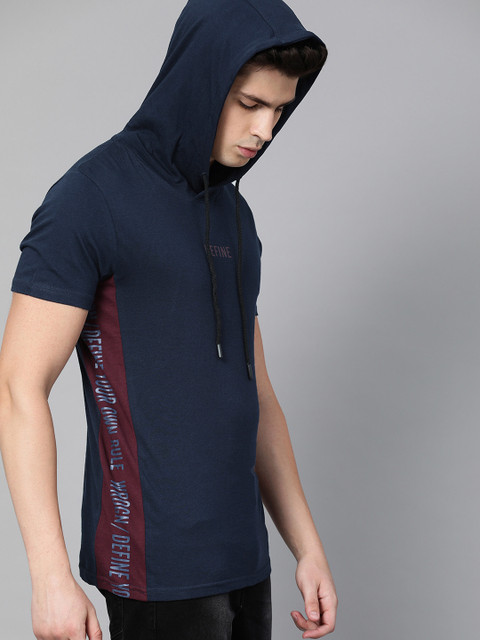 

WROGN Men Navy Blue Solid Slim Fit Hood T-shirt With Printed Detail