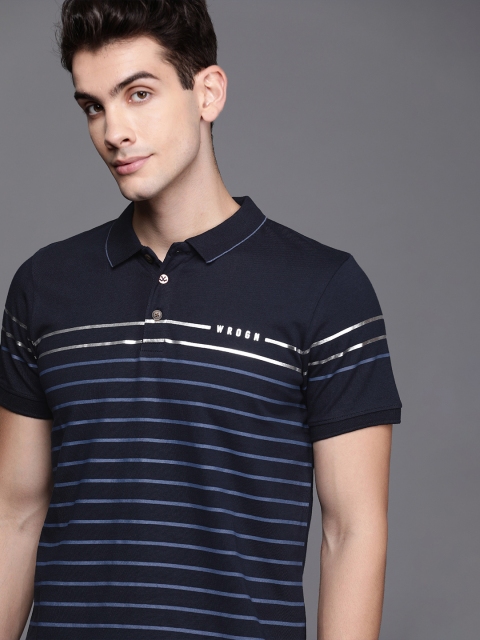 

WROGN Men Navy Blue Striped Polo Collar T-shirt