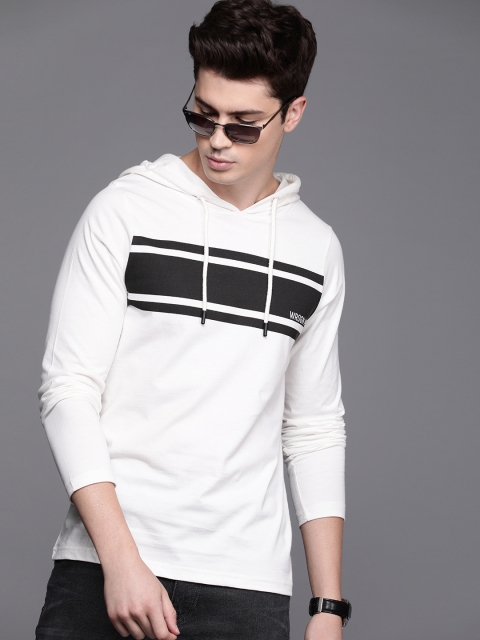 

WROGN Men White Slim Fit Striped Hood T-shirt
