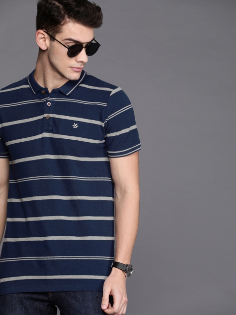 

WROGN Men Navy Blue & Grey Slim Fit Striped Polo Collar T-shirt