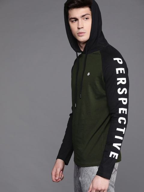 

WROGN Men Olive Green Solid Slim Fit Hood T-shirt
