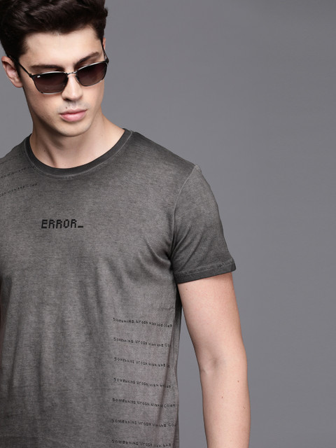 

WROGN Men Grey Printed & Faded Round Neck T-shirt
