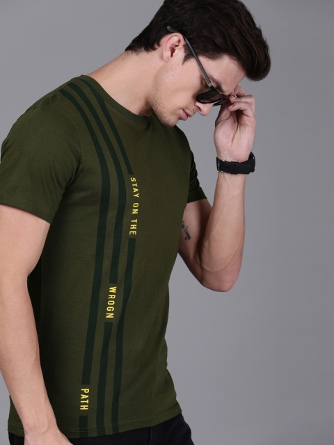 

WROGN Men Olive Green Striped Slim Fit Round Neck T-shirt