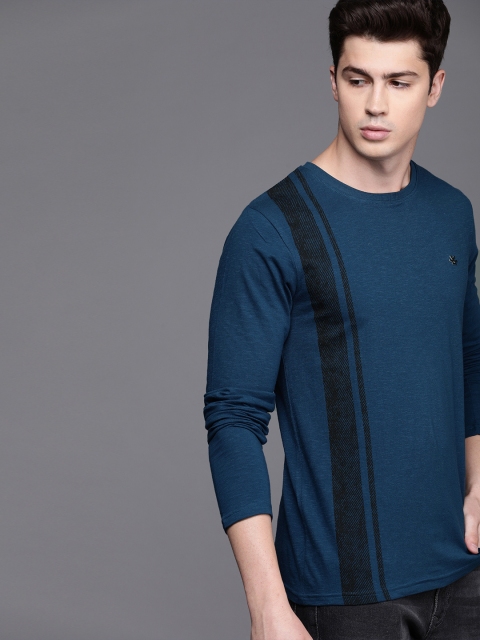 

WROGN Men Teal Blue Striped Round Neck T-shirt