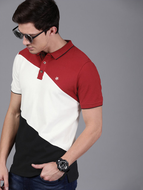 

WROGN Men Red White Slim Fit Colourblocked Polo Collar Pure Cotton T-shirt