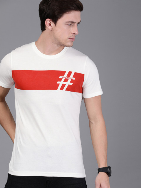 

WROGN Men White & Red Colourblocked Round Neck T-shirt