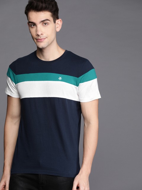 

WROGN Men Navy Blue & White Colourblocked Slim Fit Round Neck T-shirt