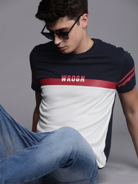 

WROGN Men Navy Blue & White Slim Fit Colourblocked Round Neck T-shirt