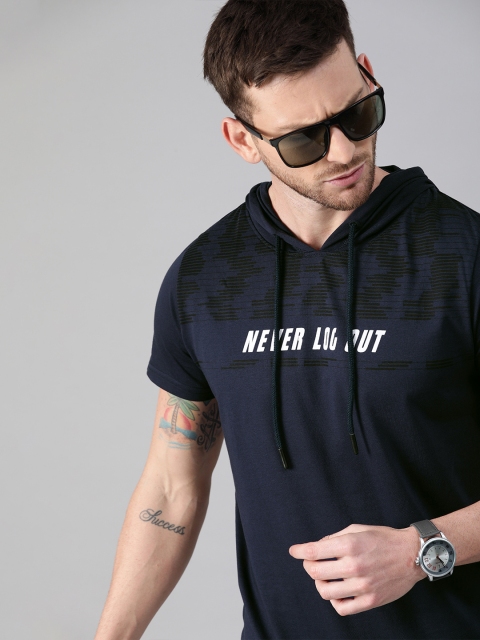 

WROGN Men Navy Blue Printed Hood T-shirt