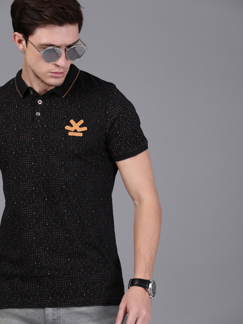 

WROGN Men Black Orange Slim Fit Printed Polo Collar Pure Cotton T-shirt