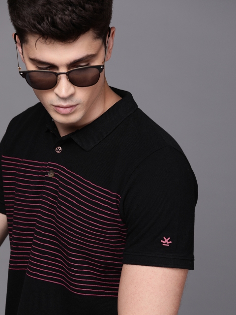 

WROGN Men Black & Pink Slim Fit Striped Polo Collar T-shirt