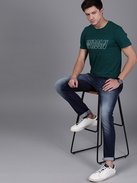 

WROGN Men Teal Green Printed Slim Fit Round Neck T-shirt