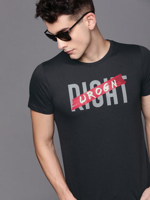 

WROGN Men Charcoal Grey Printed Round Neck T-shirt