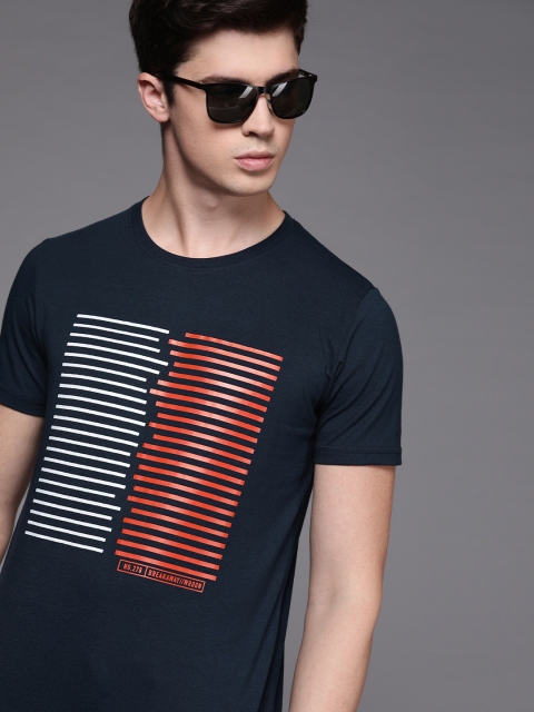 

WROGN Men Navy Blue & White Printed Round Neck T-shirt