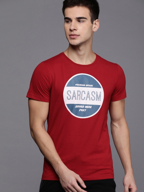 

WROGN Men Red Printed Regular Fit Round Neck T-shirt