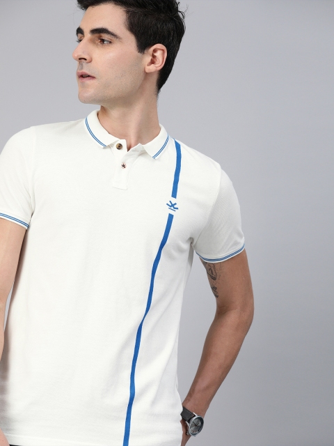 

WROGN Men White Striped Slim Fit Polo Collar Pure Cotton T-shirt