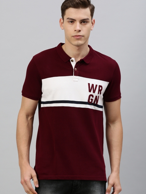 

WROGN Men Maroon White Colourblocked Slim Fit Polo Collar Pure Cotton T-shirt