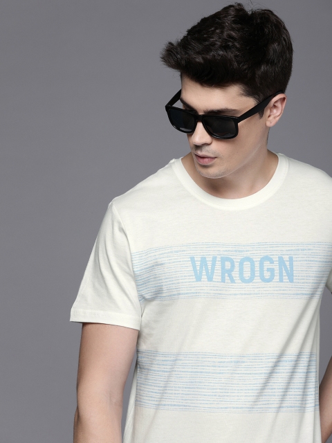

WROGN Men White & Blue Printed Slim Fit Round Neck T-shirt