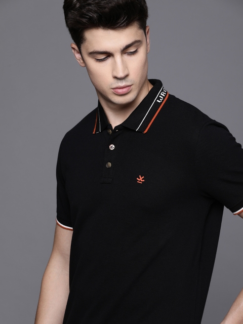 Men Black Solid Polo Collar Slim Fit Pure Cotton T-shirt